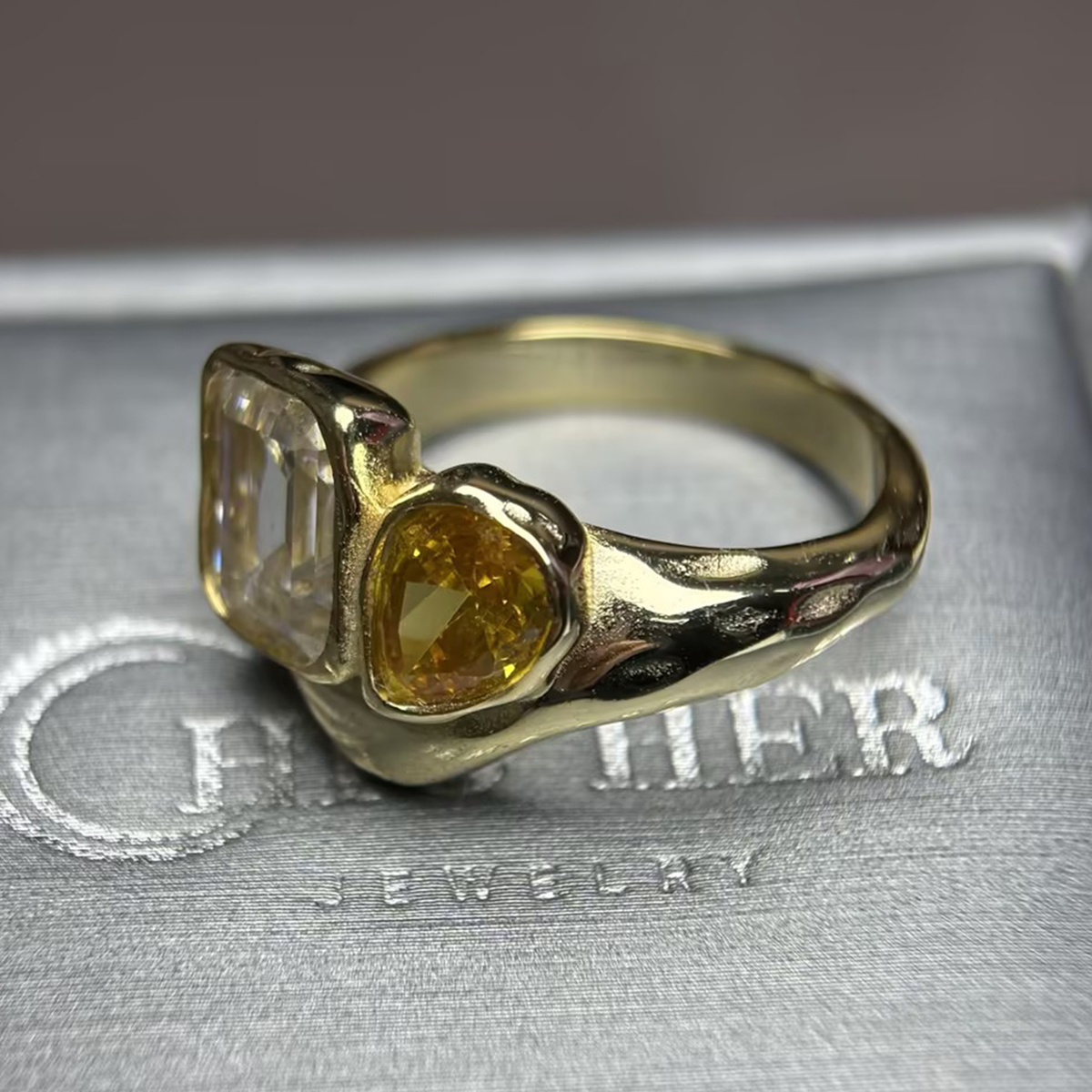 Toi et Moi Yellow & White Sapphire Emerald & Pear Cut Ring