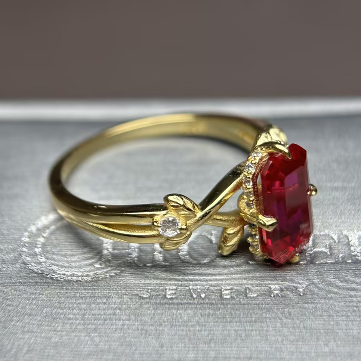 3ct Emerald Cut Ruby Sapphire Vine Engagement Ring