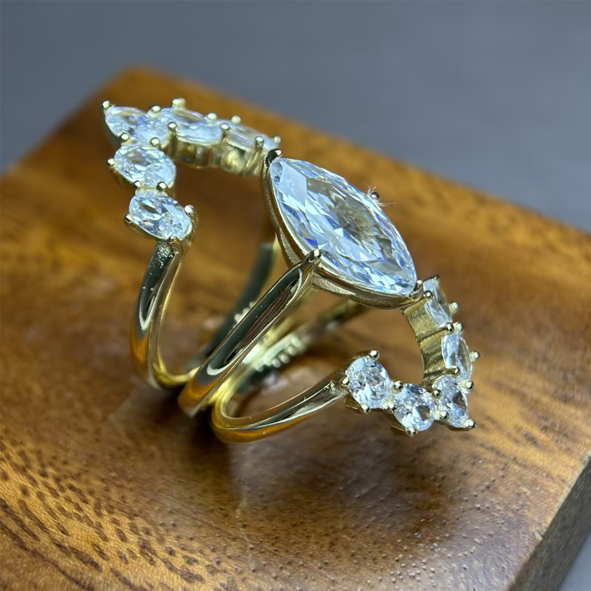 3ct Crown Design Marquise Cut White Sapphire Halo Ring Set / 3pcs