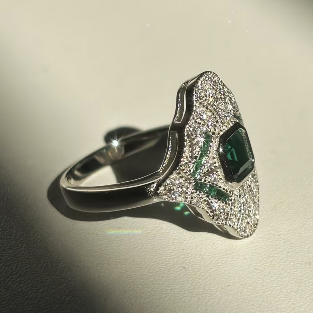 3ct Art Deco Asscher Cut Emerald Sapphire Engagement Ring