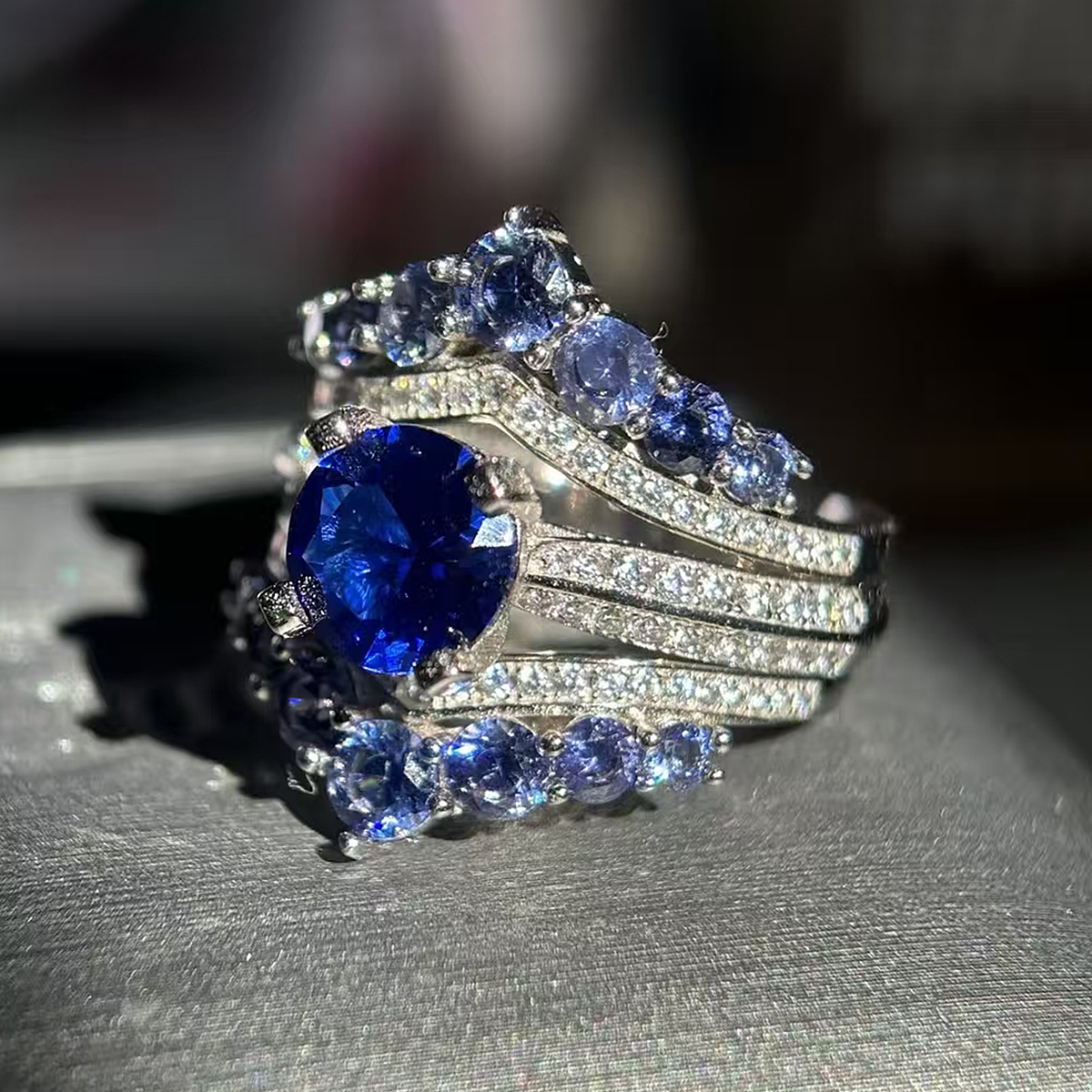 Dramatic Regal 3ct Round Cut Blue Sapphire Ring Set / 2 pieces
