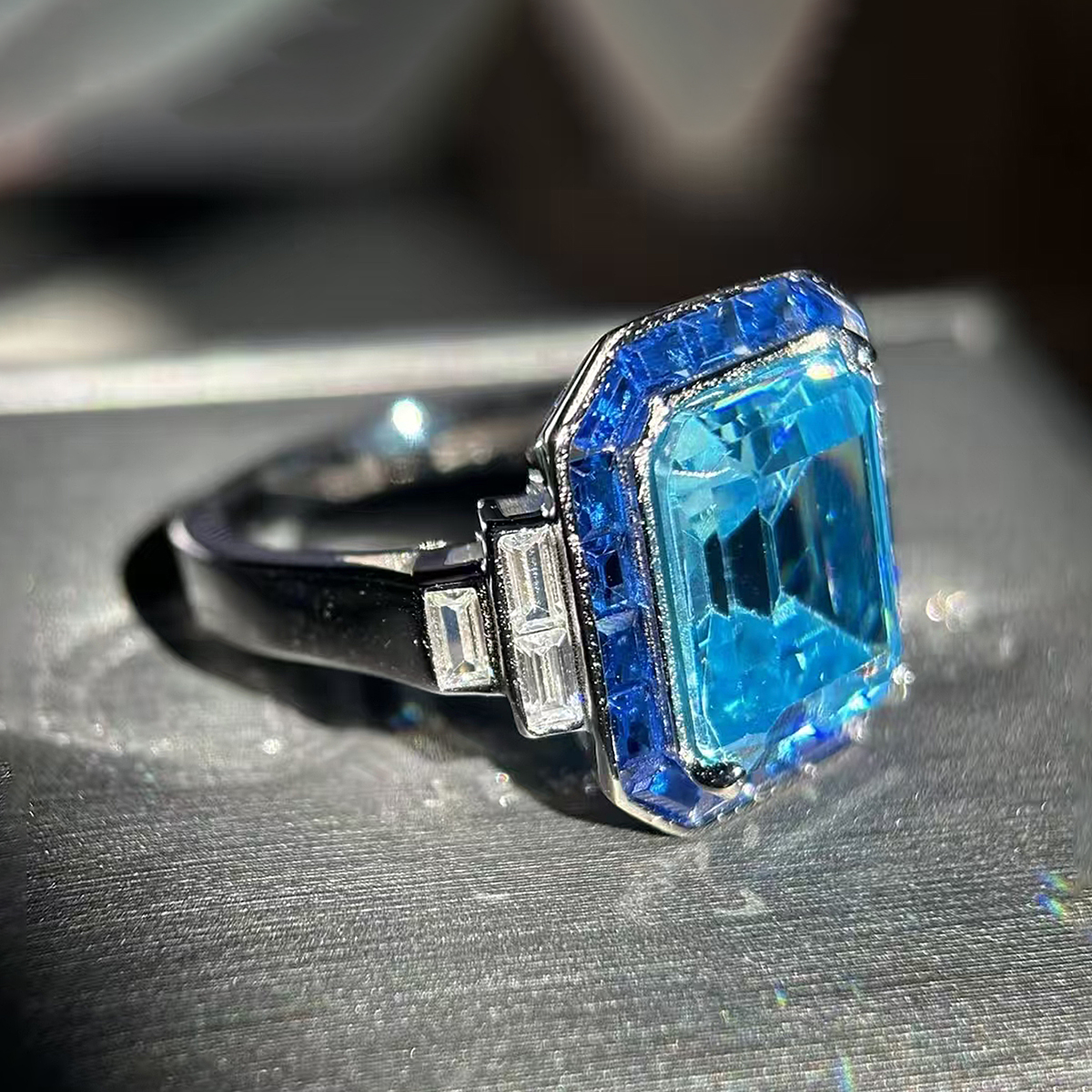5ct Emerald Cut Aquamarine & Sapphire Cocktail Ring