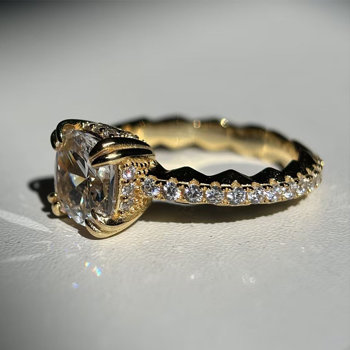 3ct Cushion Cut White & Emerald Sapphire Panther Claw Statement Ring