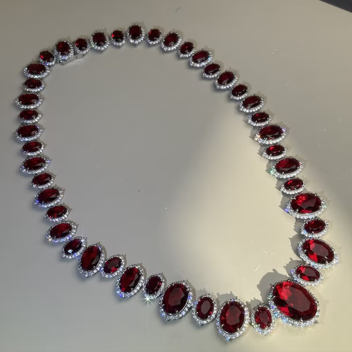 Oval Cut Vivid Red Ruby & White Sapphire Necklace