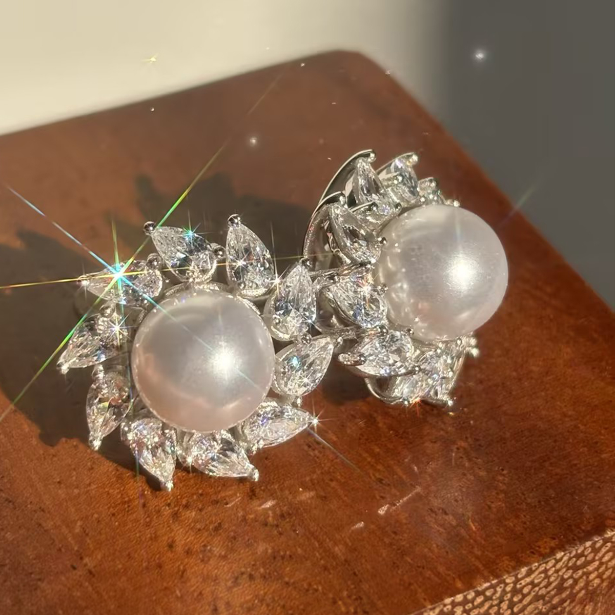 Pear Cut White Sapphire Pearl Stud Earrings