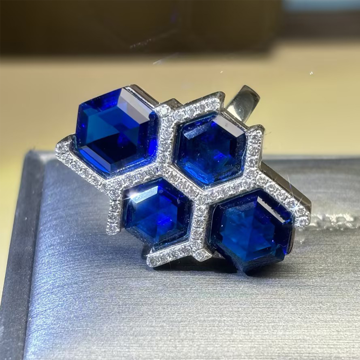 Geometric 12ctw Hexagon Cut Blue Sapphire Ring