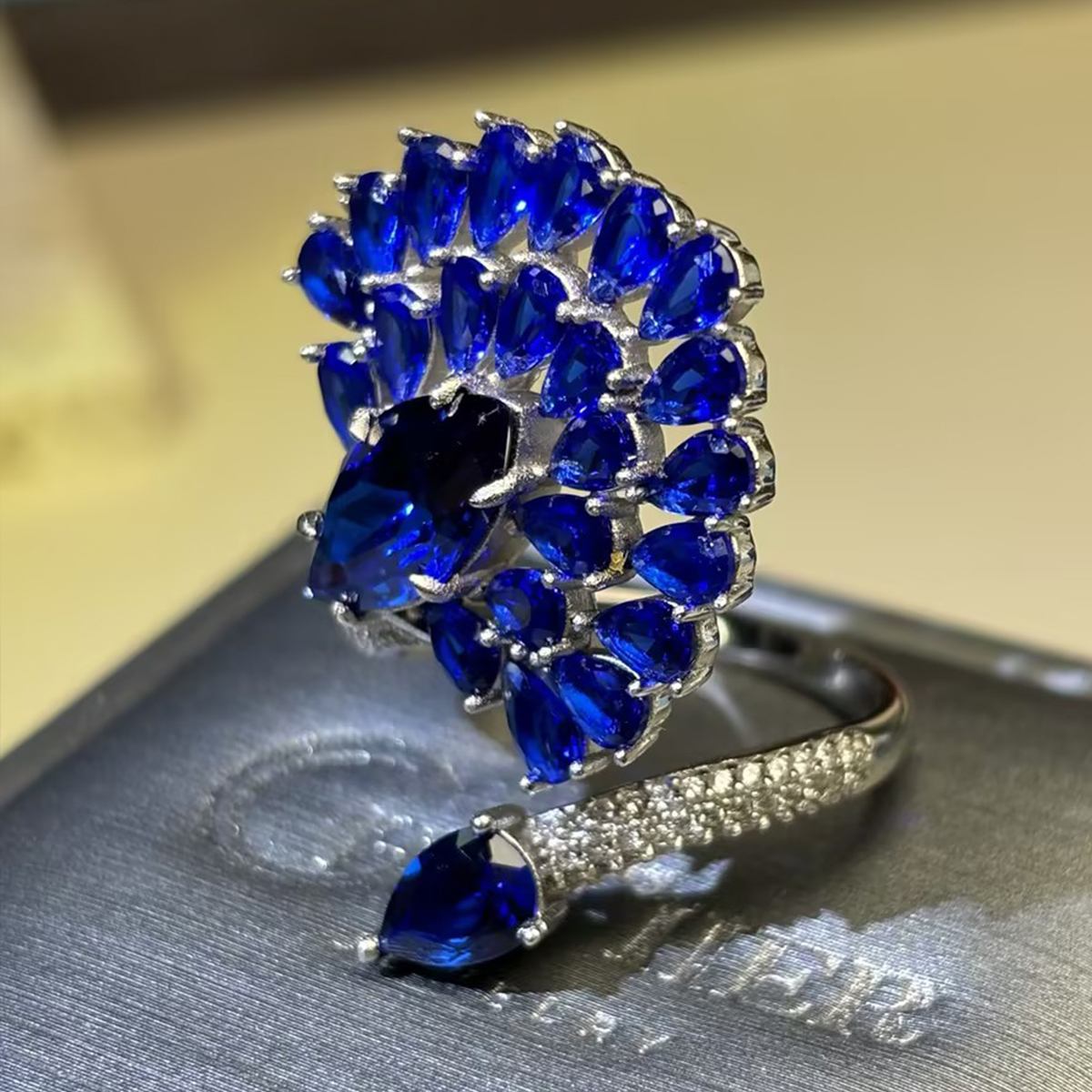 Fan Cluster Blue Sapphire Round & Pear Cut Cocktail Ring