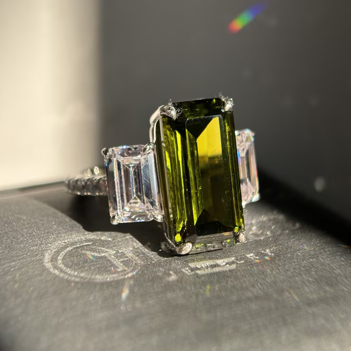 Three Stone 7ct Emerald Cut Deep Peridot Sapphire Ring