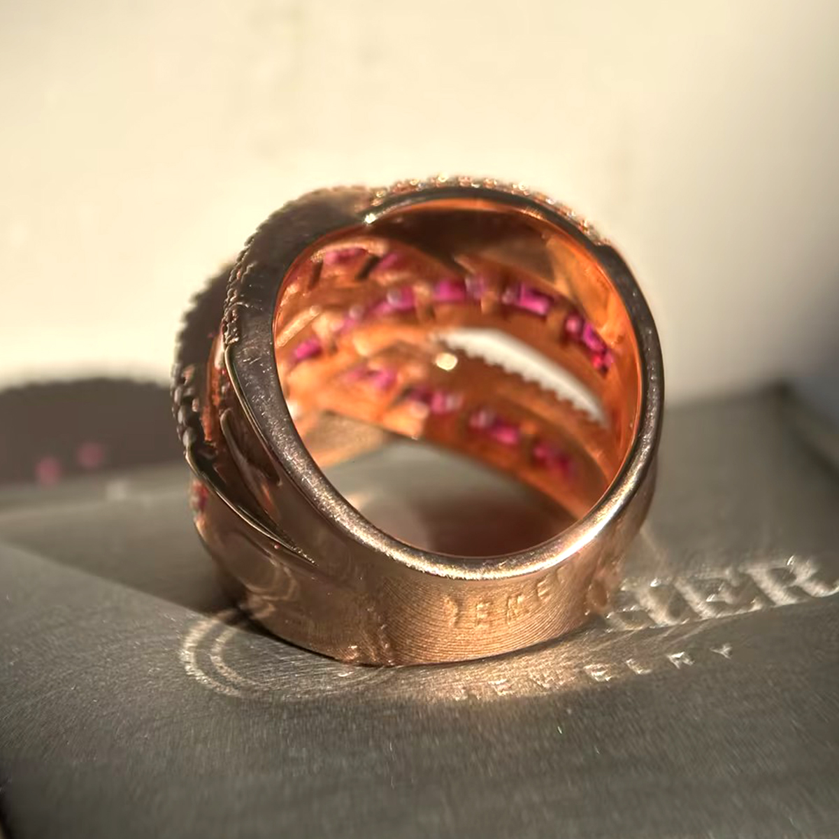 Twisted Pave Ruby & White Sapphire Emerald Cut Multi-Band