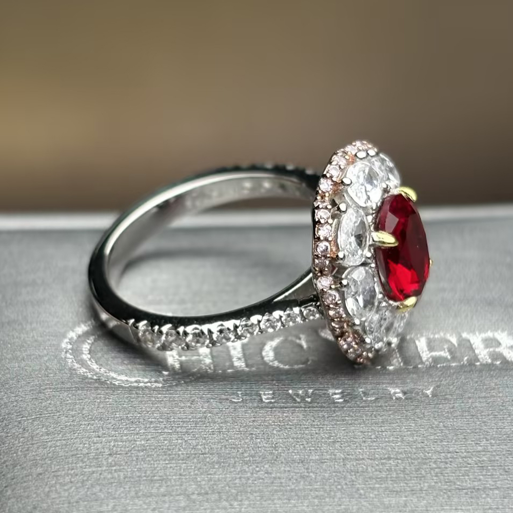 Romantic Floral 3ct Oval Cut Vivid Red Ruby & White Sapphire Statement Ring