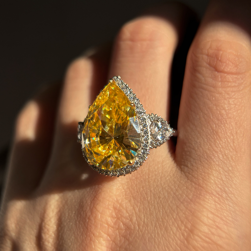 Halo Accent Yellow Sapphire Pear Cut Three-Stone Engagement Ring