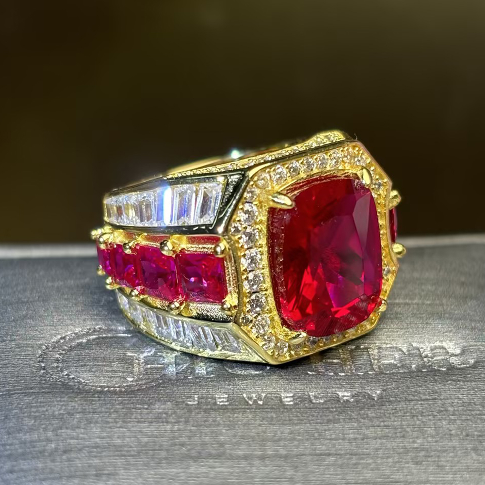 Cushion Cut Ruby & Multi-Cut White Sapphire Men's Ring