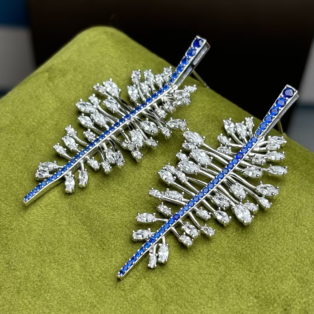 Blue Sapphire & White Sapphire Feather Drop Earrings