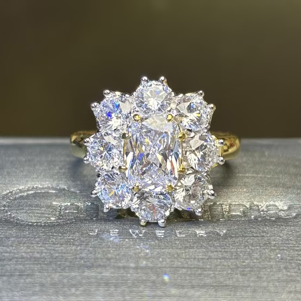 Vintage Cluster White Sapphire Cushion Cut Floral Engagement Ring