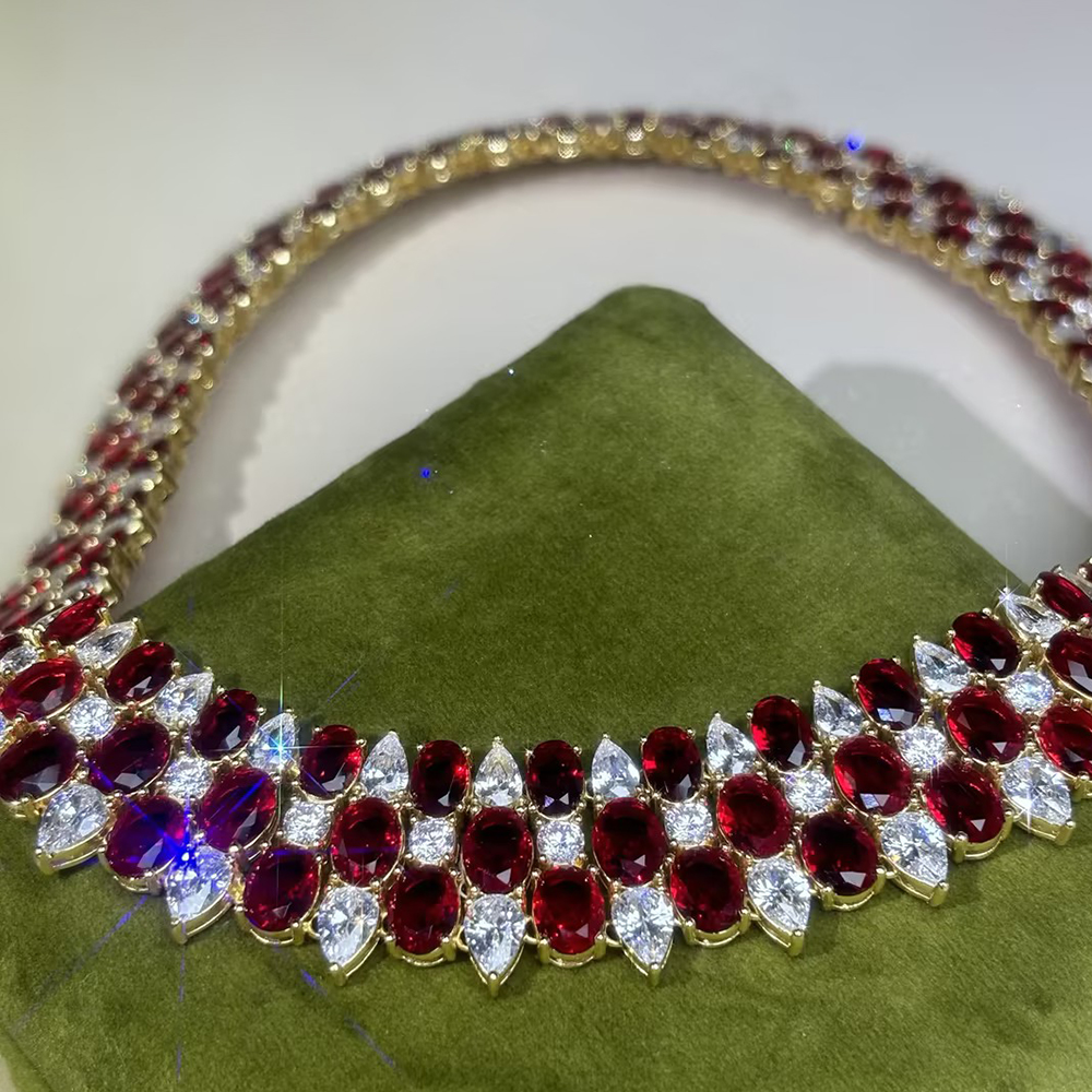 Cascading Ruby & Diamond Cluster Necklace-Earring Set