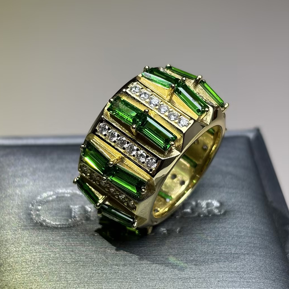 Baguette Emerald & White Sapphire Wide Band Statement Men's Ring