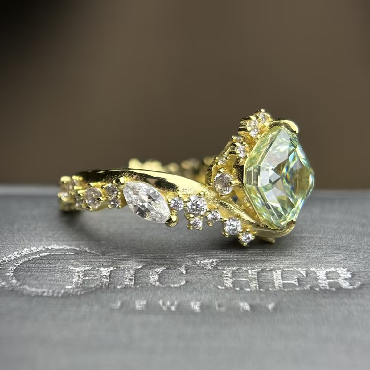 3ct Cushion Cut Mint Green Sapphire & White Sapphire Asymmetrical Cluster Ring