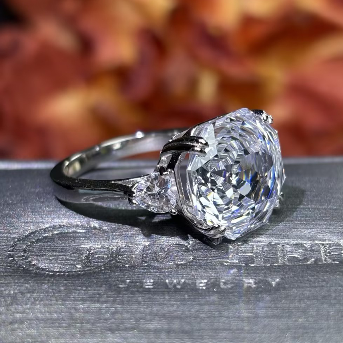 5ct Octagonal Cut White Sapphire Three-Stone Engagement Ring