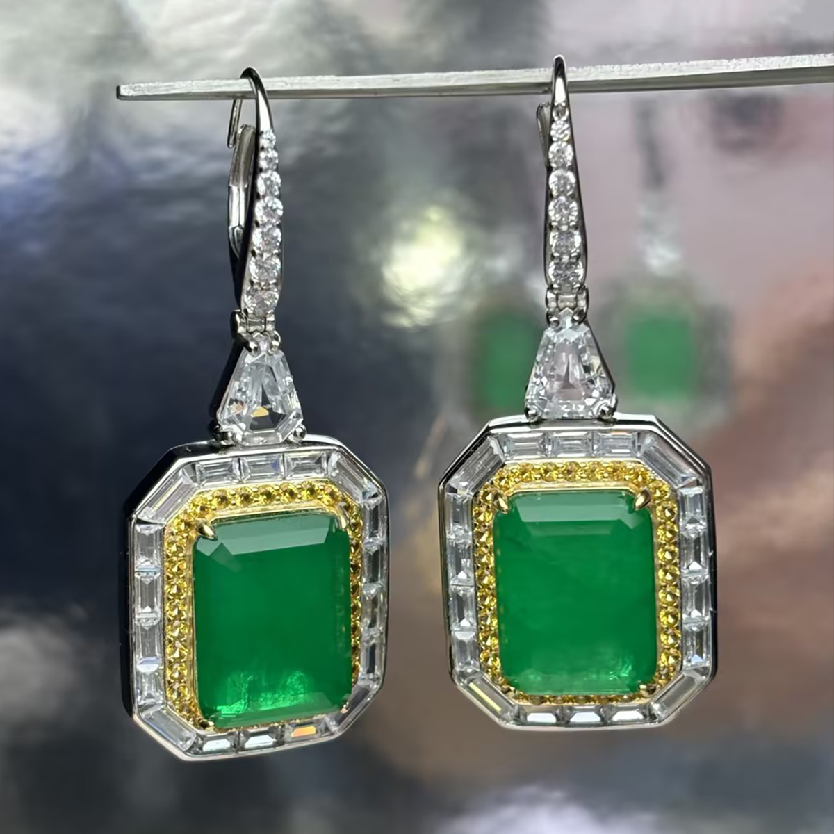 Emerald Cut Halo Peridot Drop Earrings