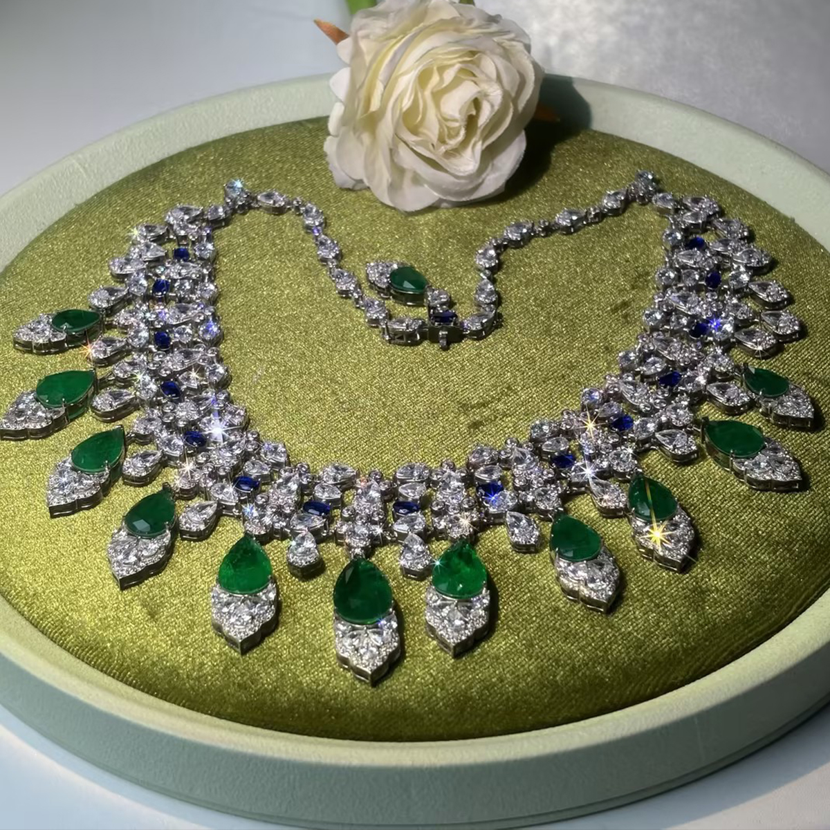 Emerald, Sapphire & White Sapphire Royal Fringe Choker Necklace