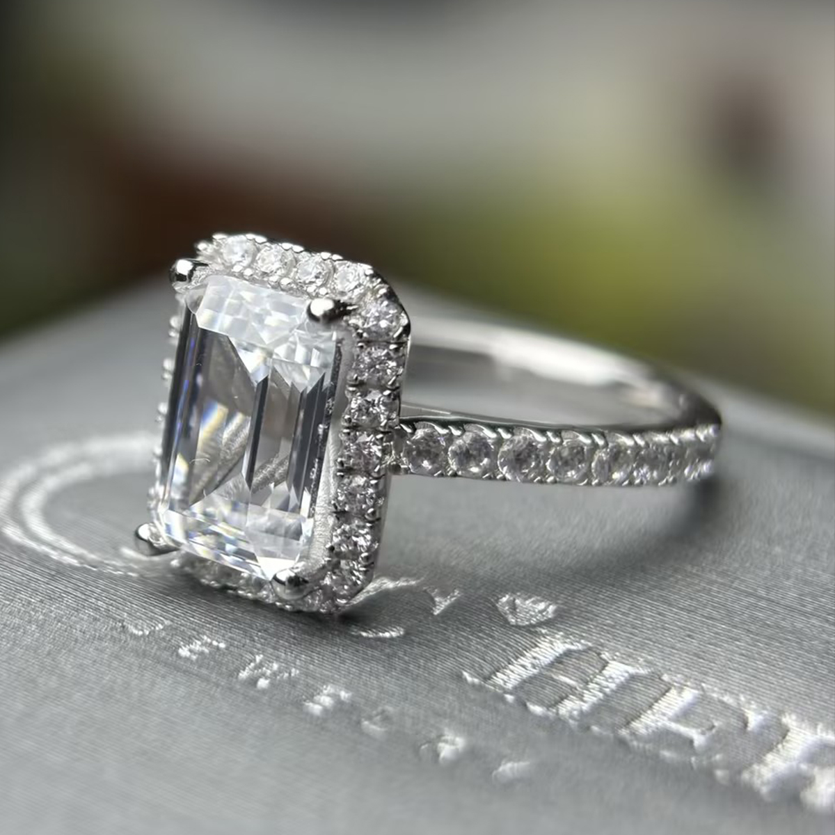 3ct Emerald Cut White Sapphire Halo Ring