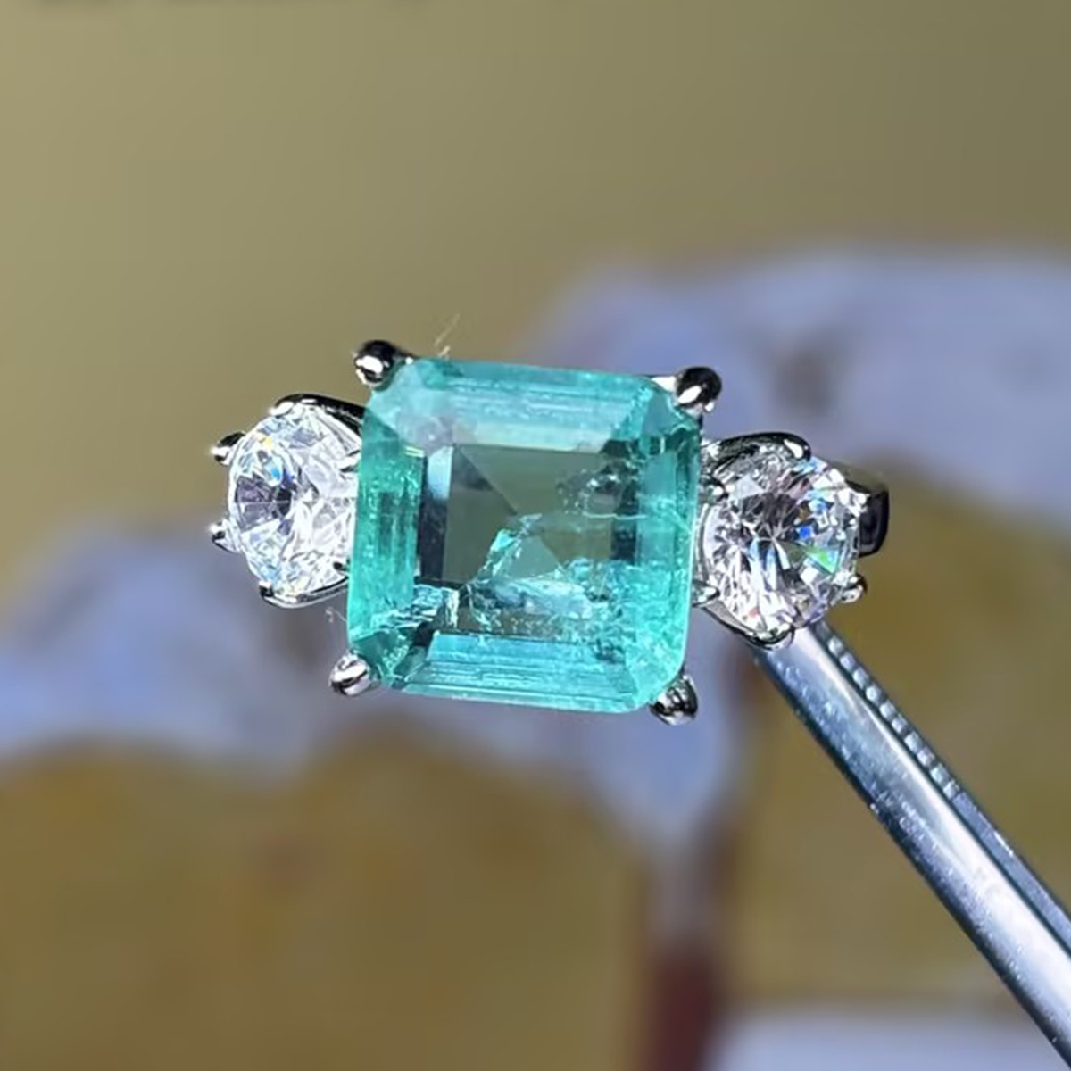 Classic 3ct Emerald Cut Emerald & White Sapphire Three Stone Engagement Ring