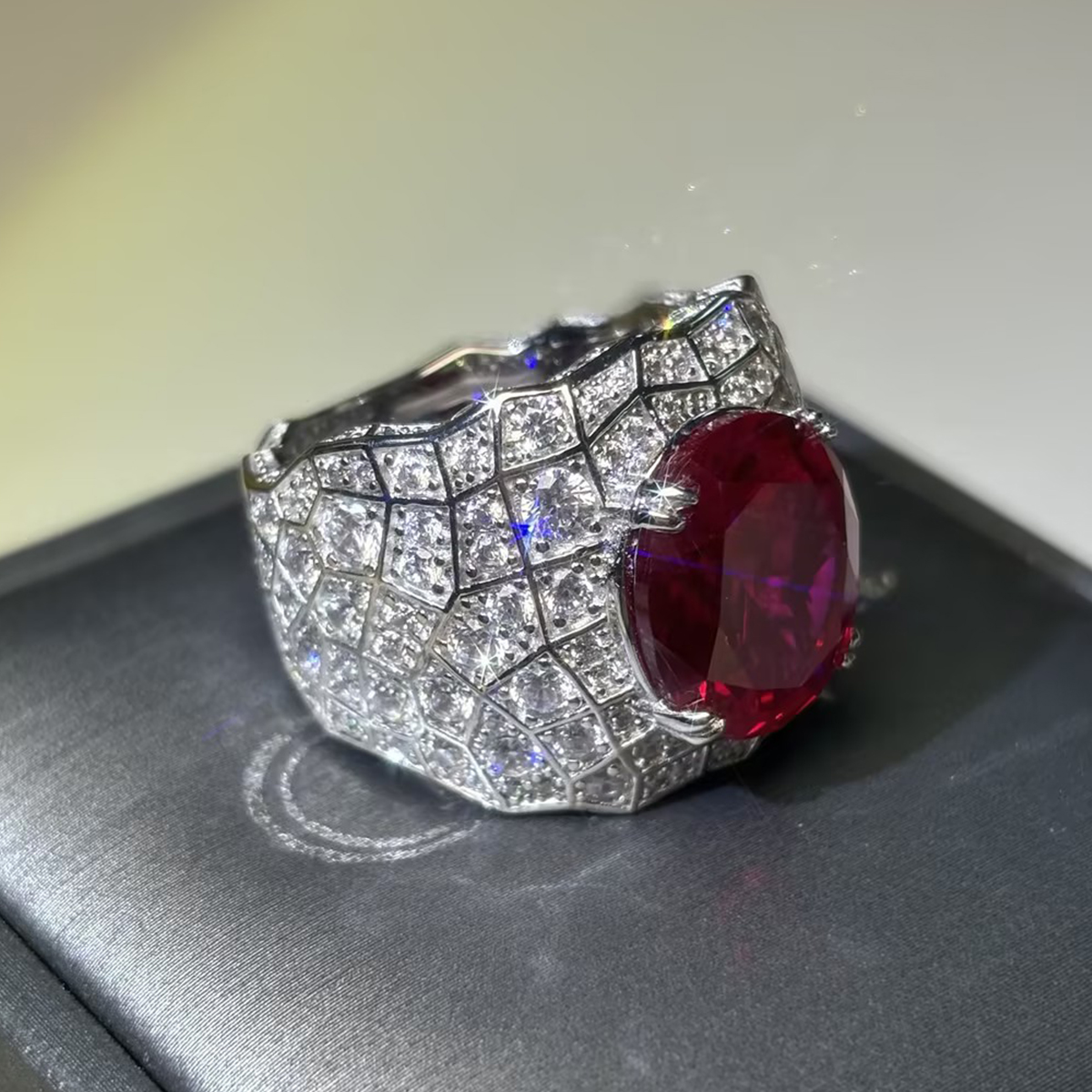 Luxe Grid Pattern Ruby Oval Cut & Pave Diamond Accents Cocktail Ring