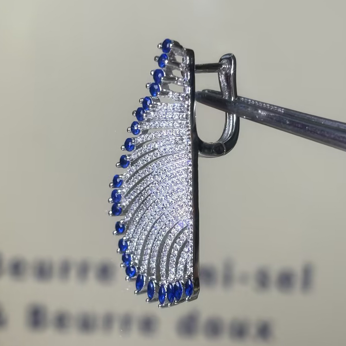 Feather Motif Pave Blue Sapphire & White Sapphire Drop Earrings