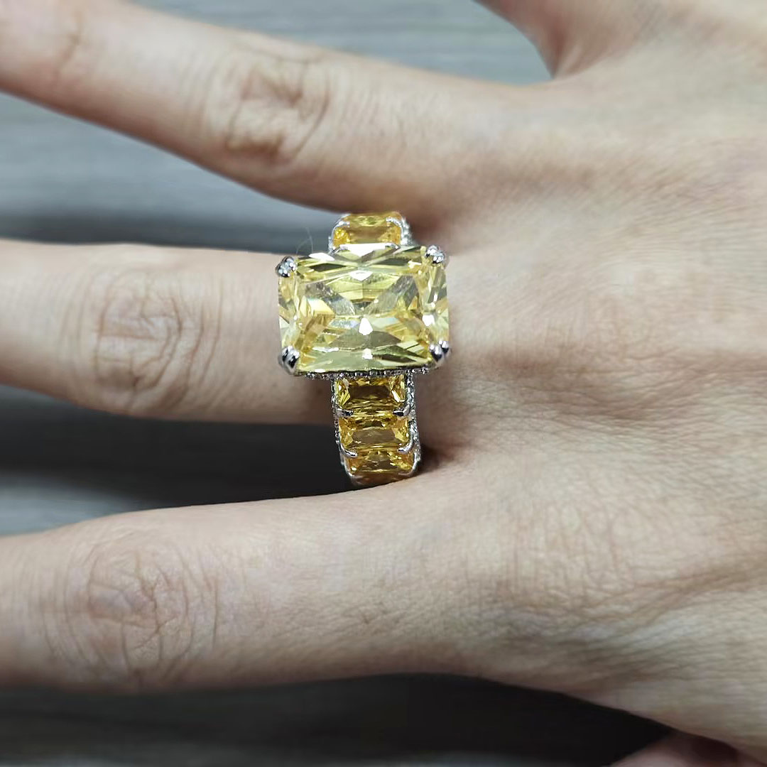 6ct Under Halo Emerald Cut Yellow Sapphire Ring