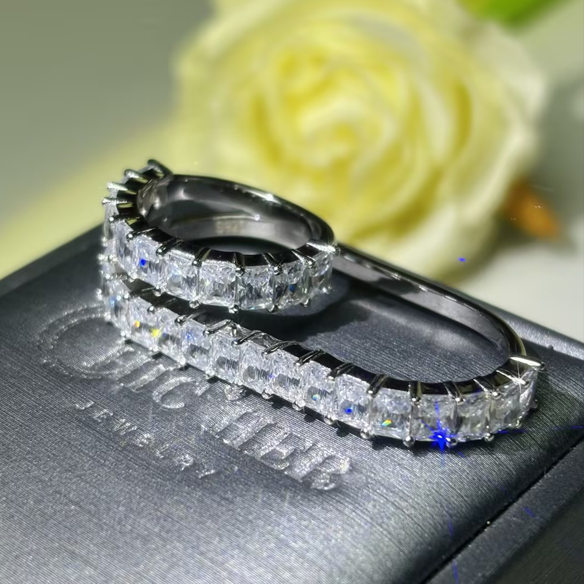 8ctw Emerald Cut White Sapphire Double Wave Stacking Wedding Band