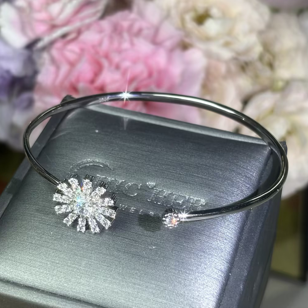 Pavé White Sapphire Starburst Open Cuff Bangle Bracelet (Sold Individually)