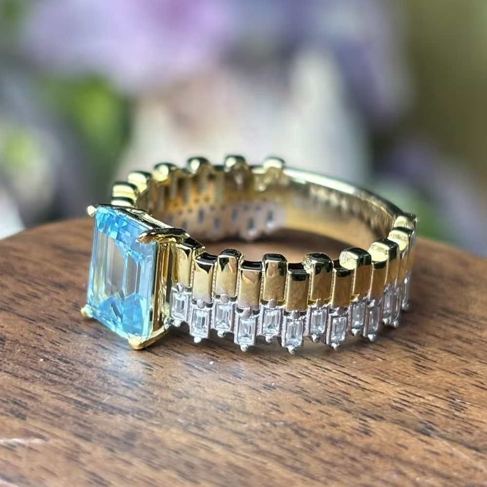 Original Design - 3ct Emerald Cut Aquamarine Sapphire Engagement Ring