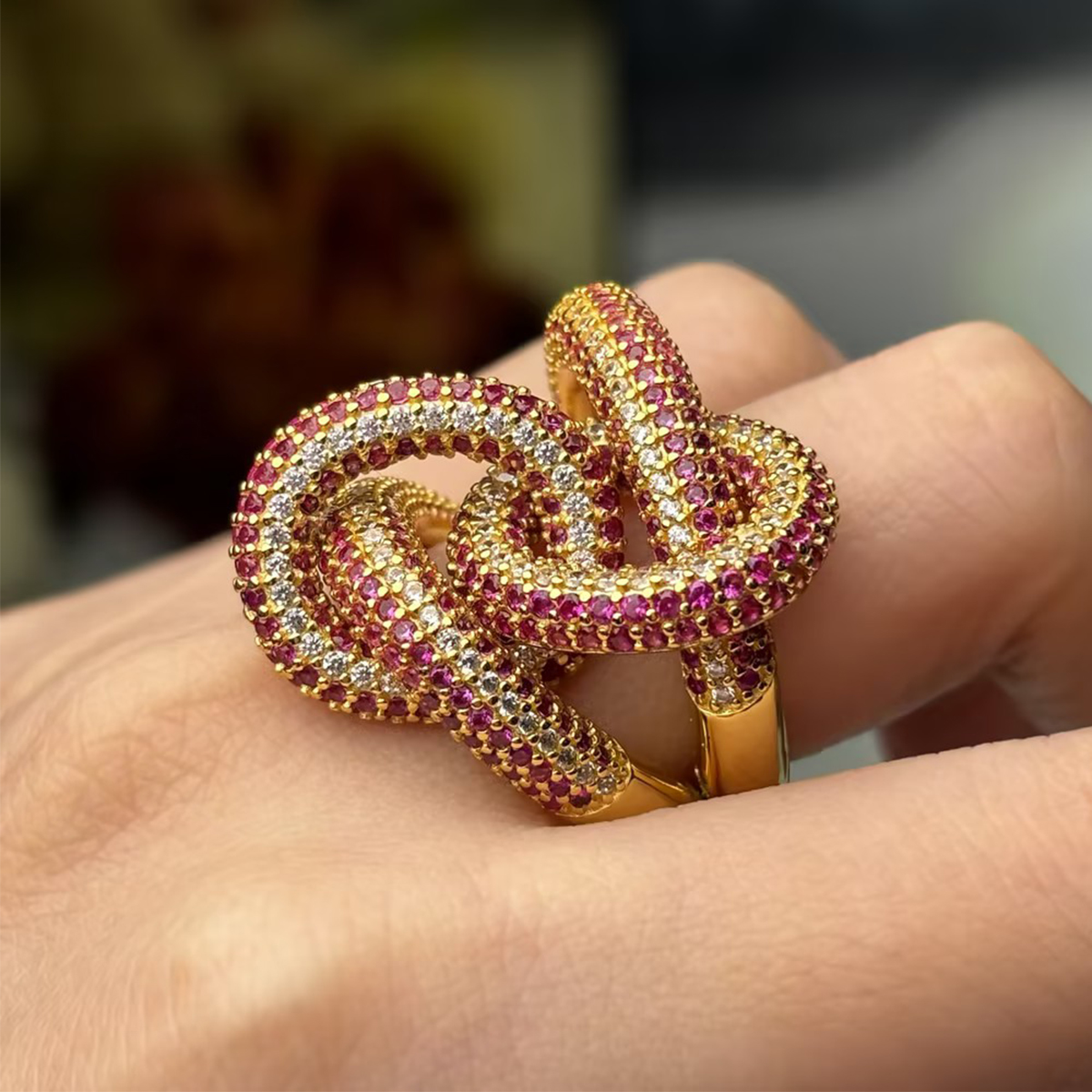 Ruby & White Sapphire Knot Jewelry Set (Earrings + Ring)