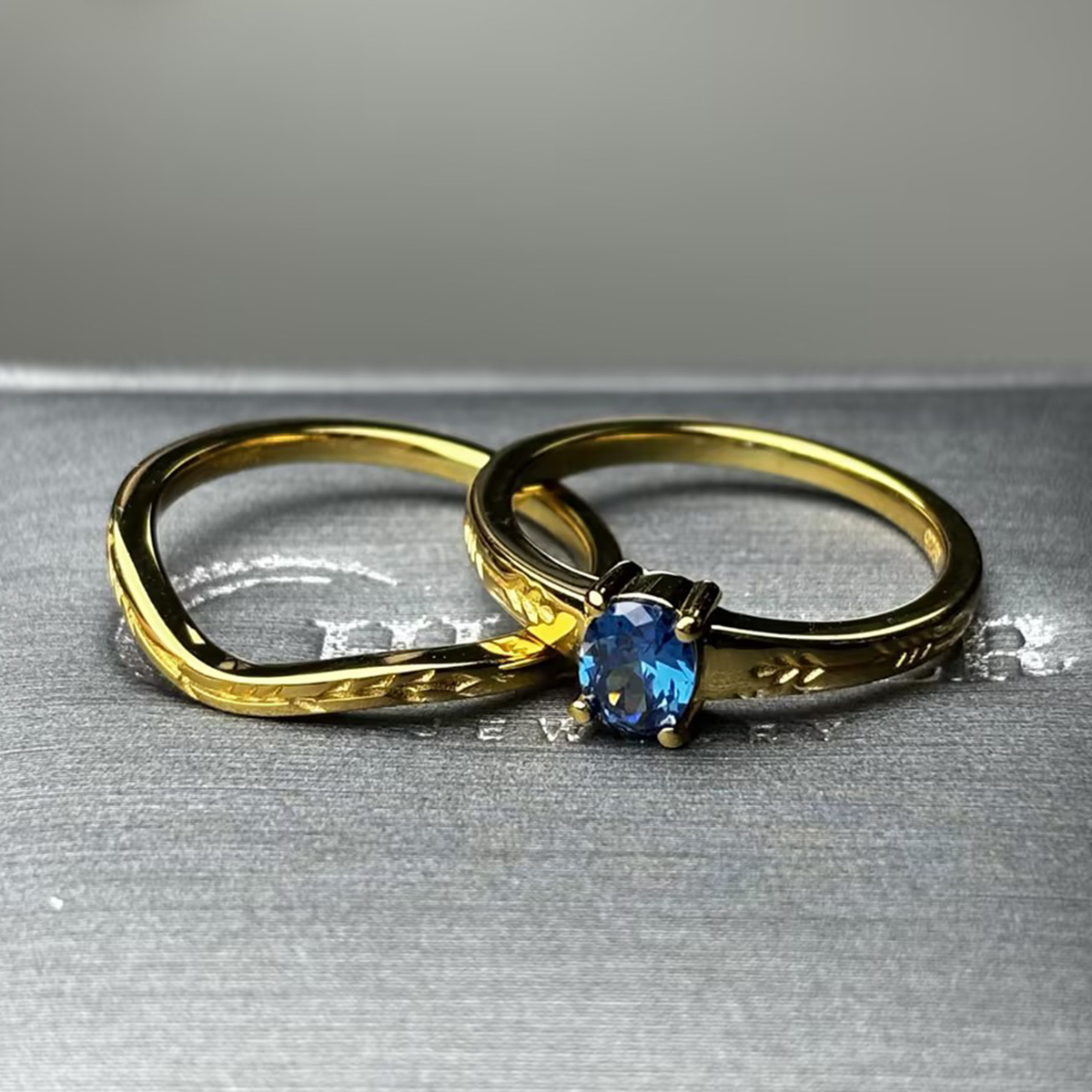 London Blue Sapphire & Scrollwork Oval Cut Wedding Ring Set