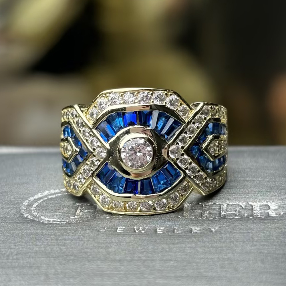 Art Deco Blue Sapphire Baguette Cut Men's Band
