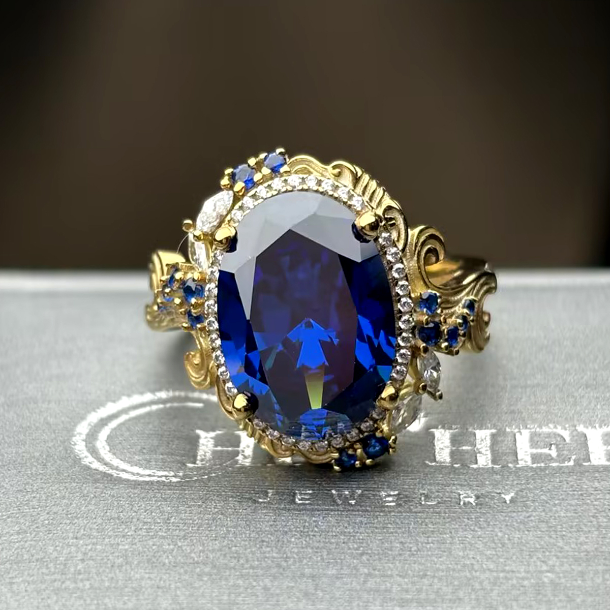 Original Design - 4ct Oval Cut Blue Sapphire Engagement Ring
