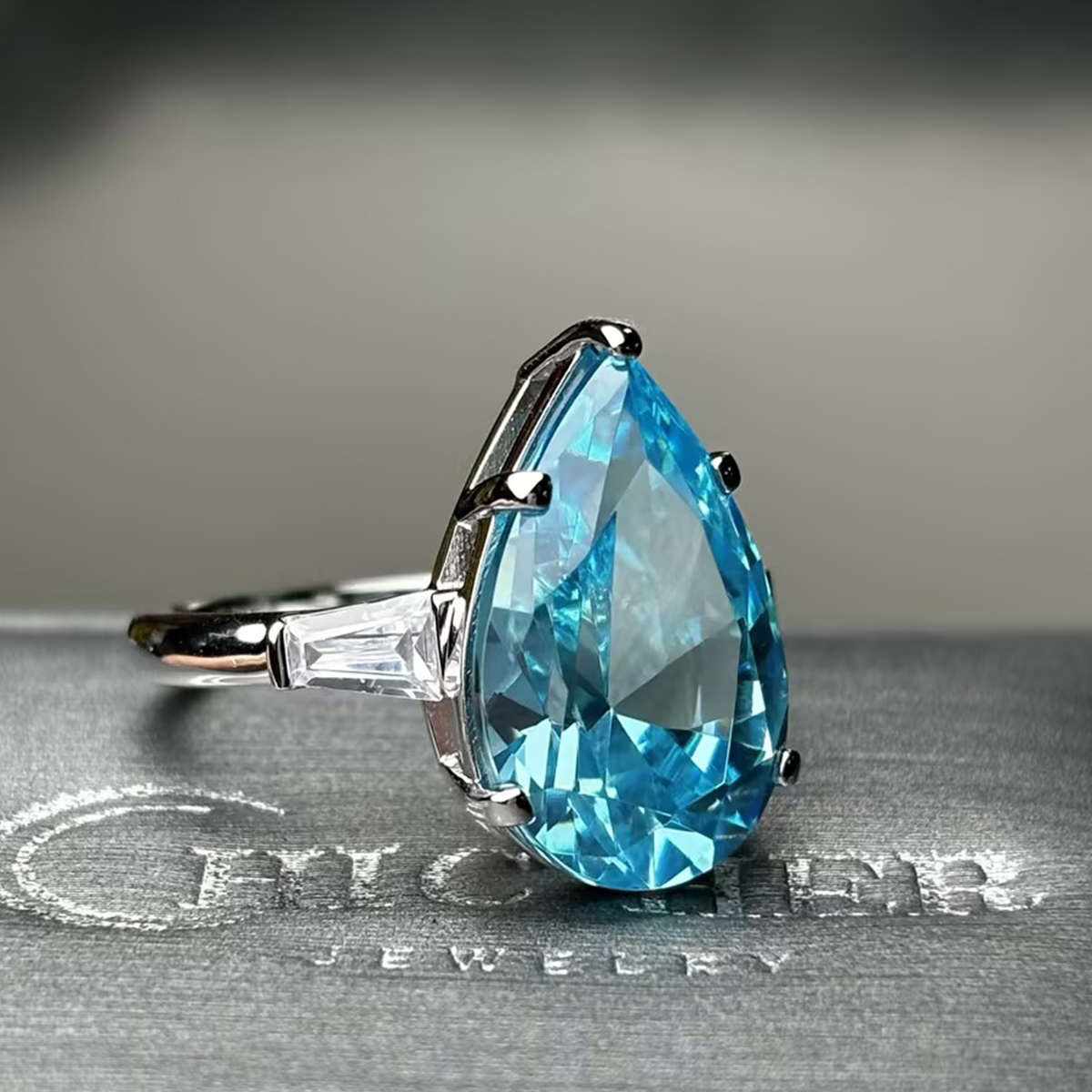 7ct Pear Cut Aquamarine Three-stone Ring