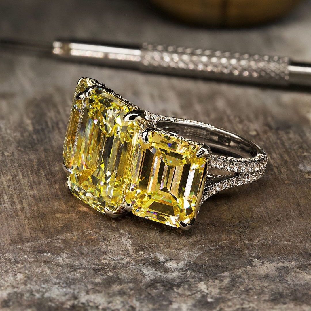 7ct Three Stone Emerald Cut Yellow Sapphire Engagement Ring