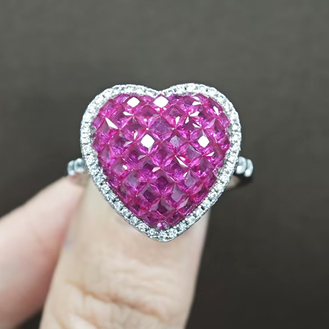 Invisible Setting Princess Cut Ruby Sapphire Love Heart Ring