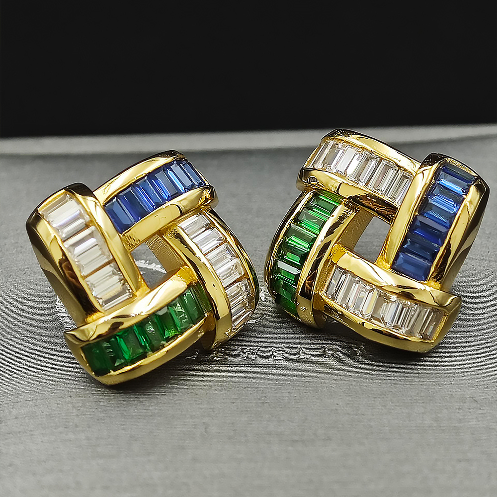 Emerald Cut Three-tone Weave Stud Earrings