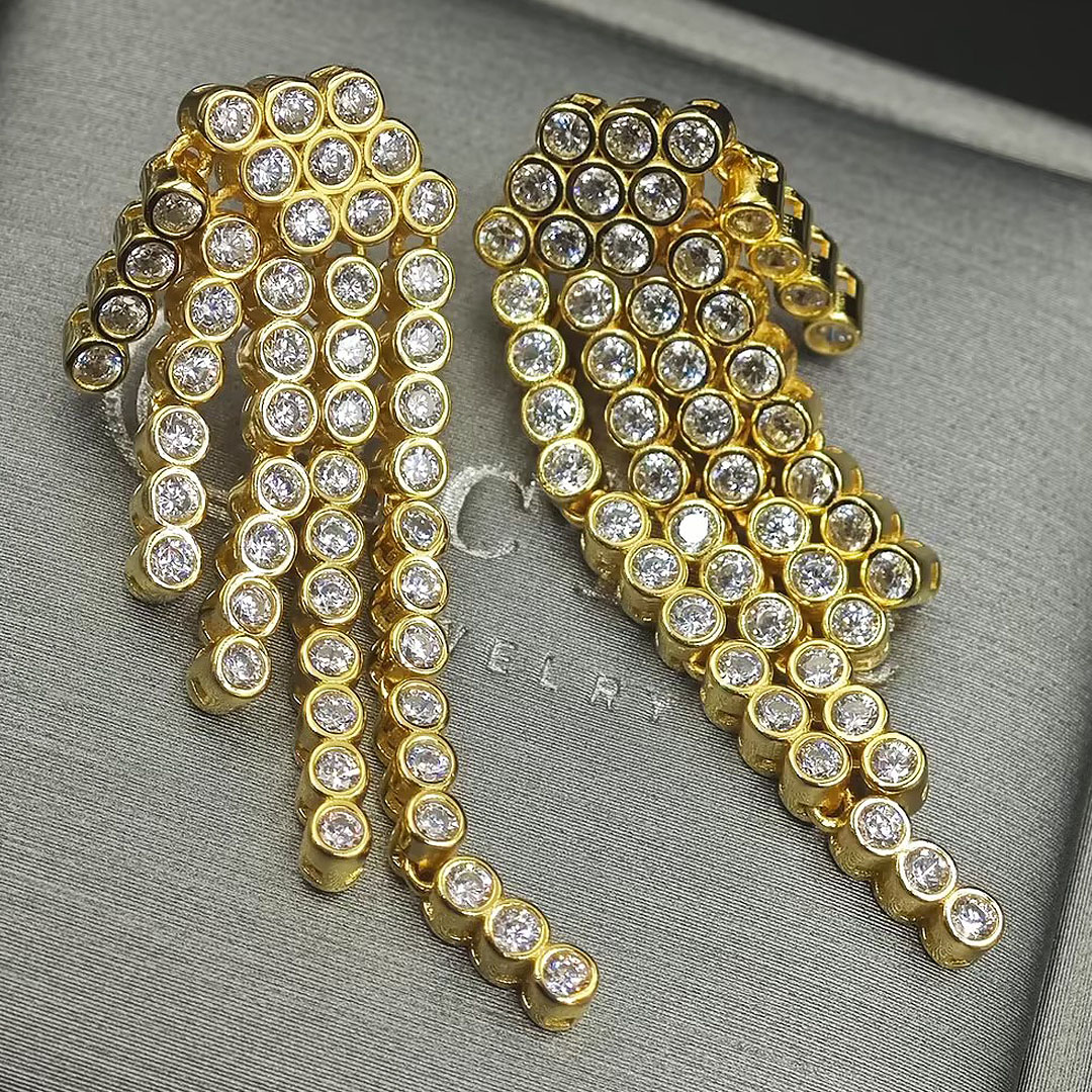 Round Cut Bezel Setting Five Lines Diamond Dangle Earrings