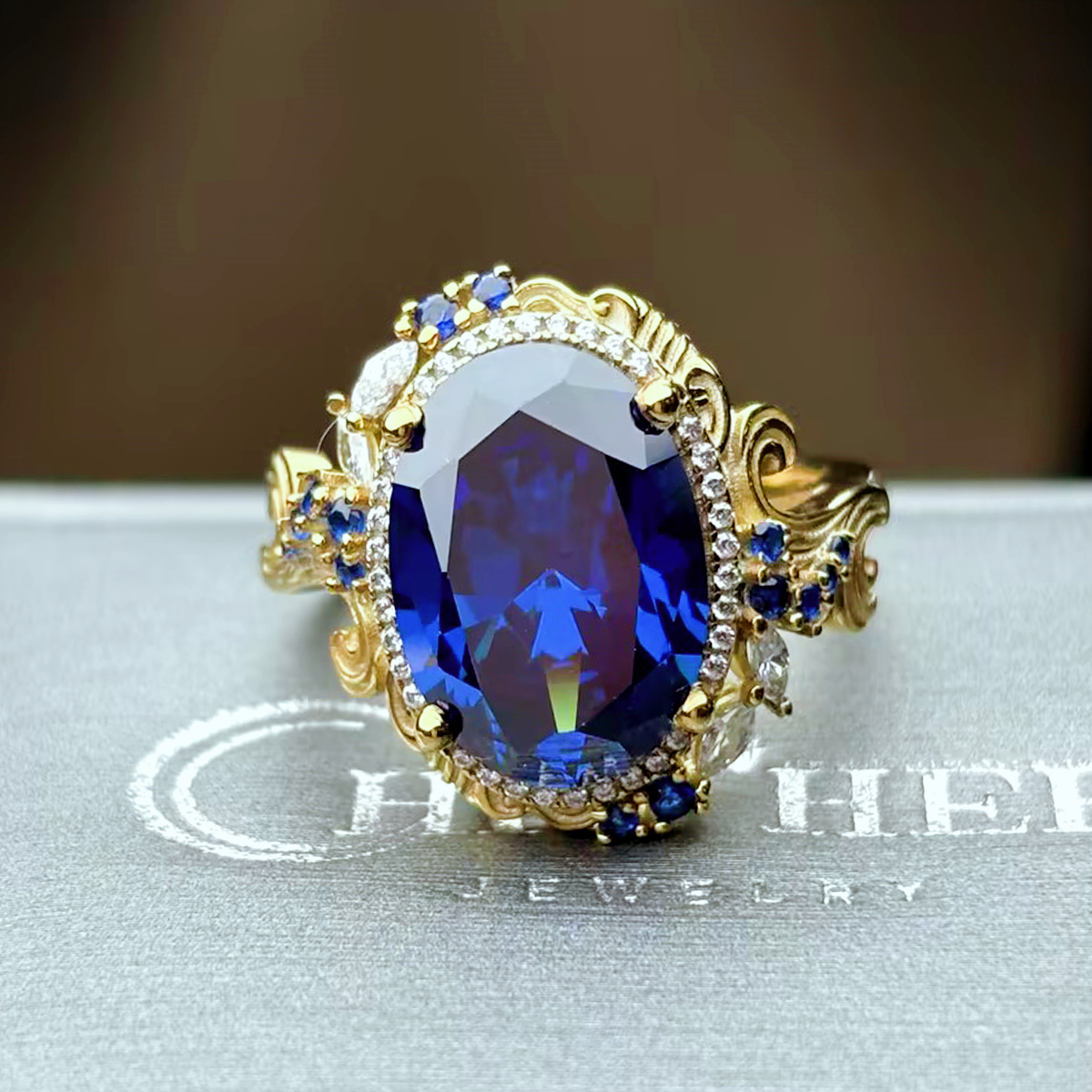 Original Design - 4ct Oval Cut Blue Sapphire Engagement Ring
