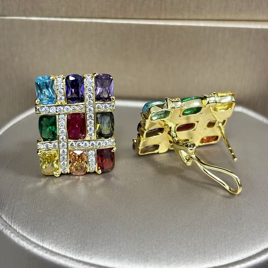 Basket Weave Design Rainbow Sapphire Stud Earrings
