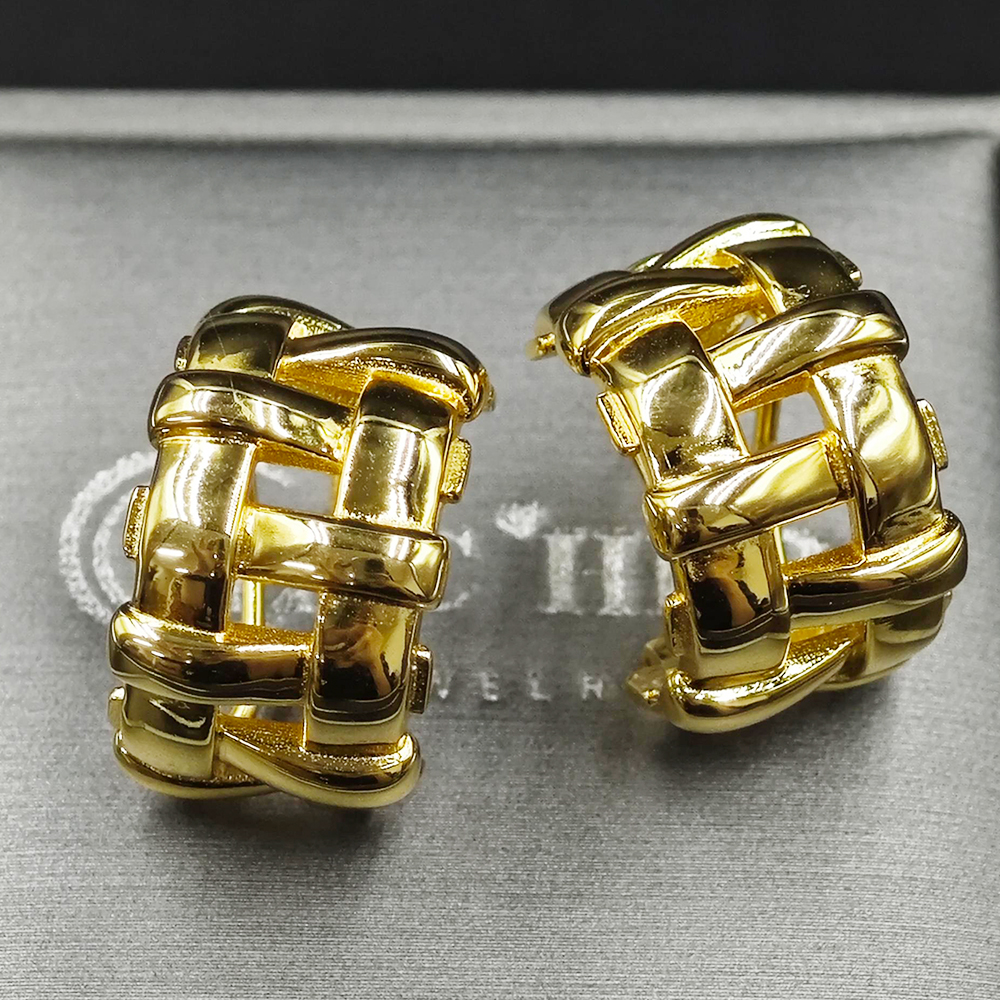 Basket Weave Sterling Silver Hoop Earrings In Gold Plating