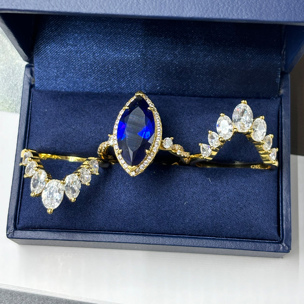 Halo 6ct Marquise Cut Blue Sapphire Wedding Set/3pcs