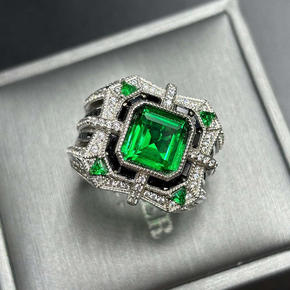 Art Deco 5ct Asscher Cut Emerald Sapphire Ring for Men