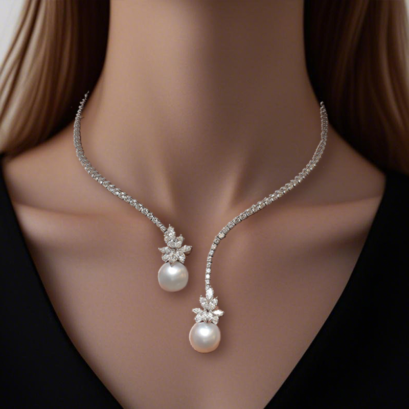 Open Design Marquise Cut White Sapphire Pendant Necklace With Pearl