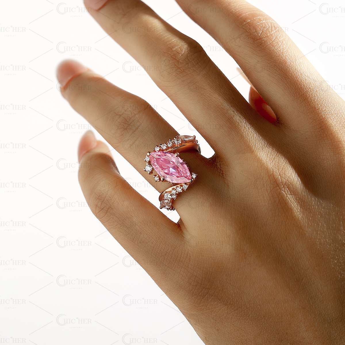 Bypass Design 3ct Marquise Cut Fancy Pink Sapphire Engagement Ring