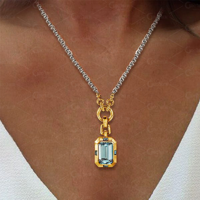 12ct Emerald Cut Aquamarine Sapphire Pendant Necklace