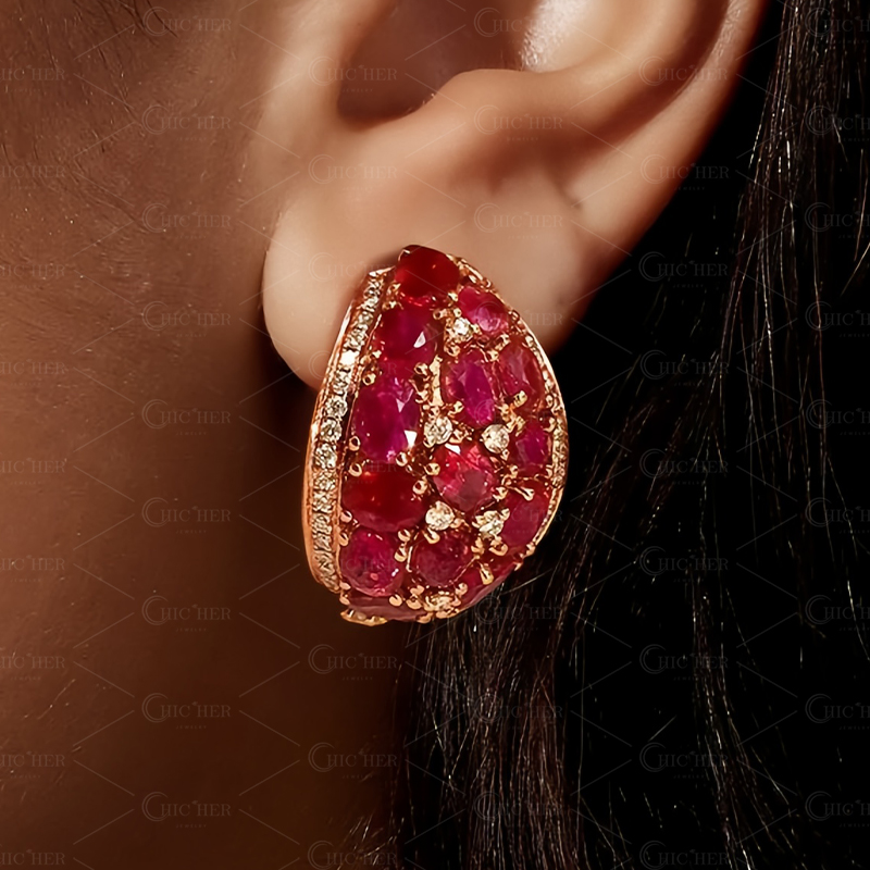 Oval Cut Rose Gold Italian Style Ruby Sapphire Hoops Earrings